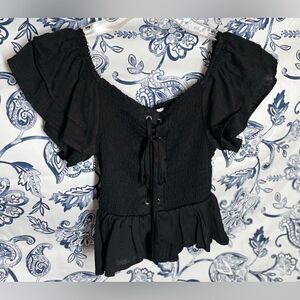 Trendy J’s Black On Off Shoulder Lace Up Front Pheasant Crop Top EPC